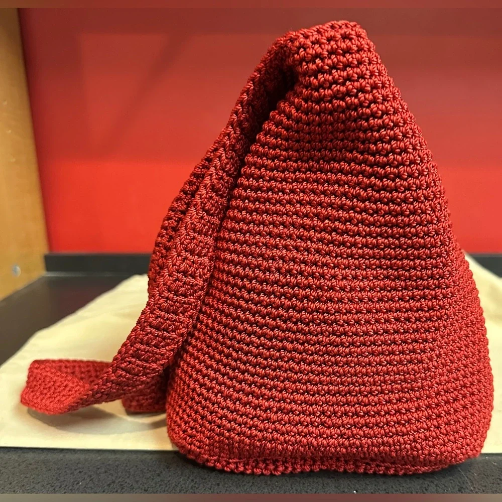 The Sak Red Crochet Hobo Double Strap Shoulder Bag Nice Size 9”x7”x7”